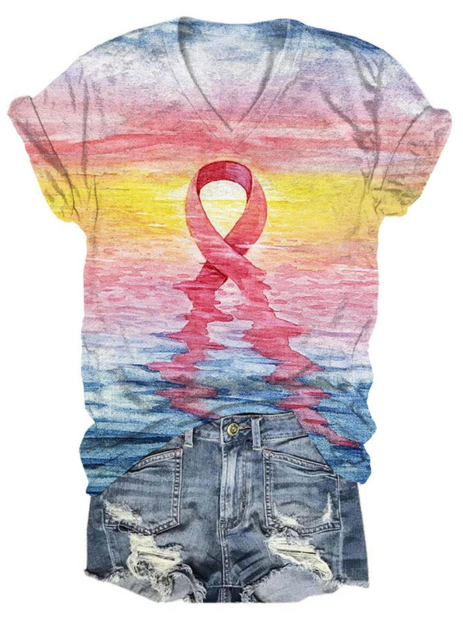 Women’s Casual Pink Ribbon Breast Cancer Art Print Shirt